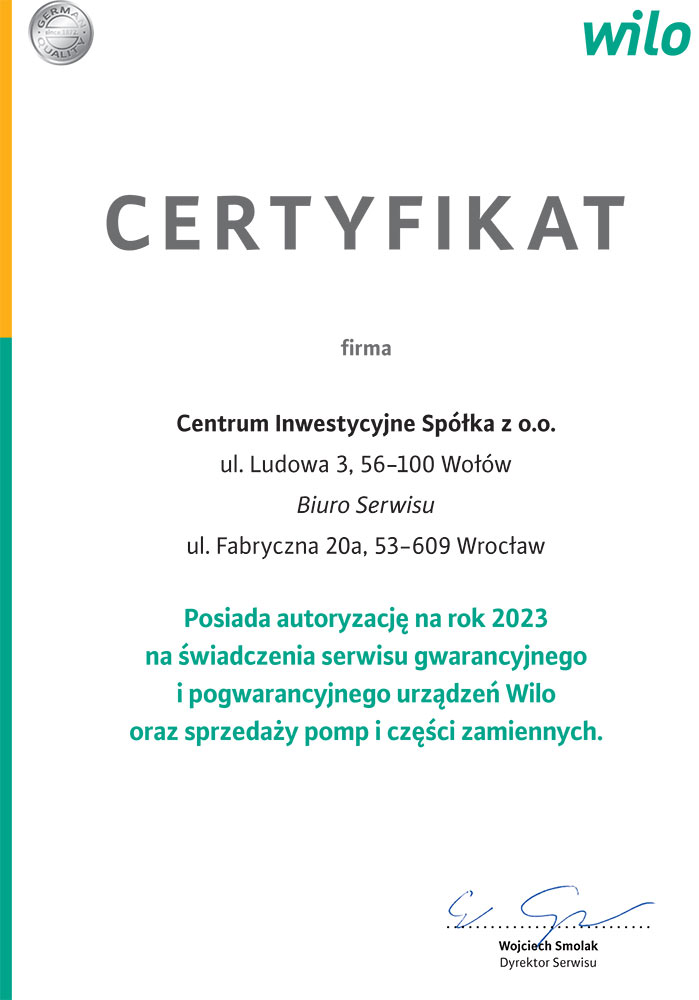 certyfikat wilo