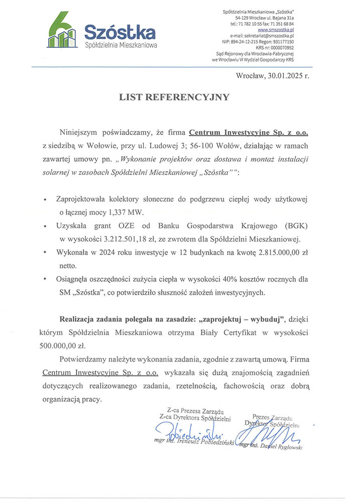 referencje spółdzielni szóstka